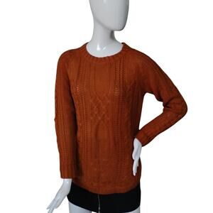 Pink Rose Cable Knit Sweater Size Small Brown Pullover Crewneck Long Sleeve
